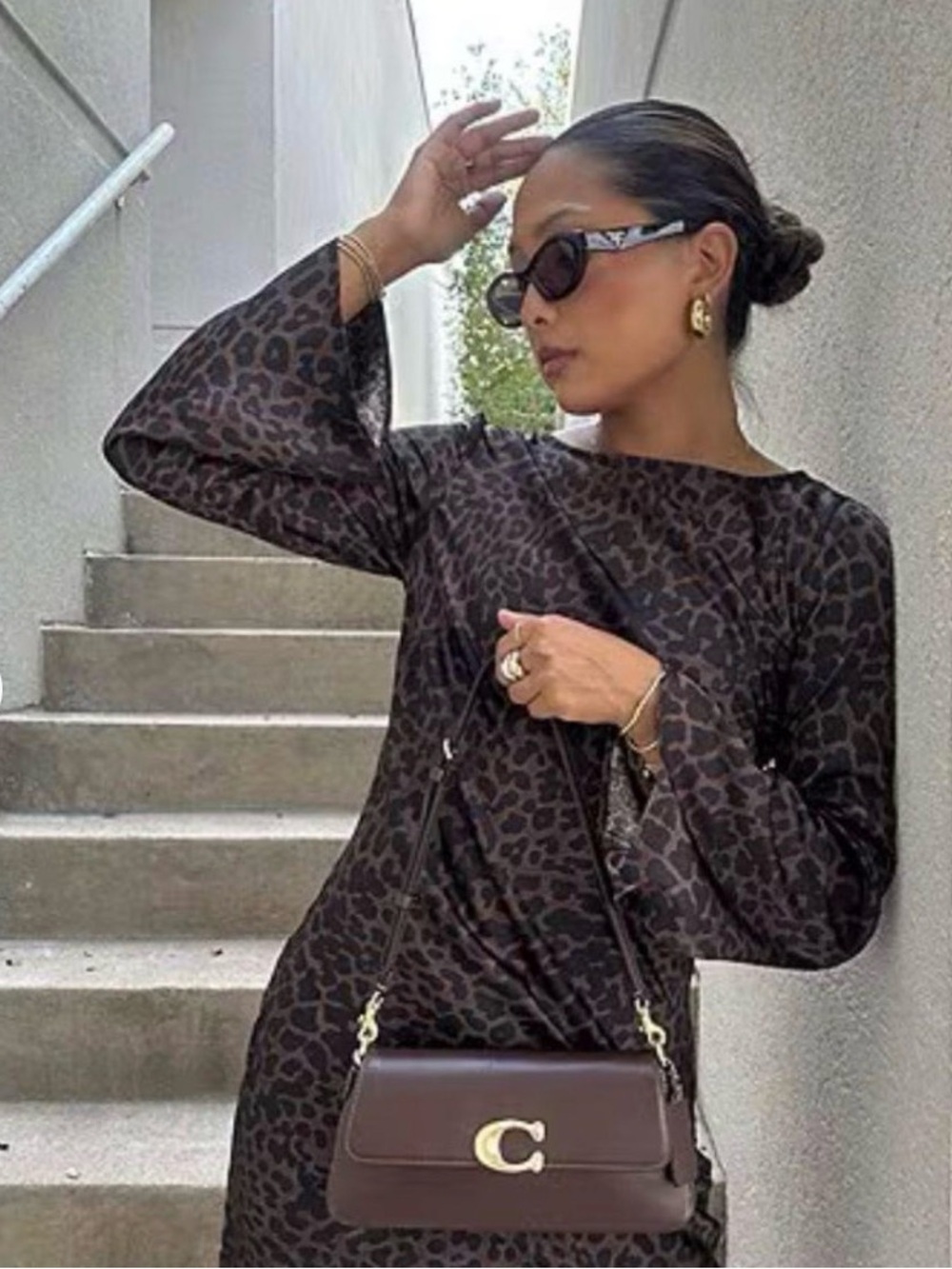 Gianni Bini Dionne Satin Leopard Print Long Sleeve Open Back Mini Dres Size 6